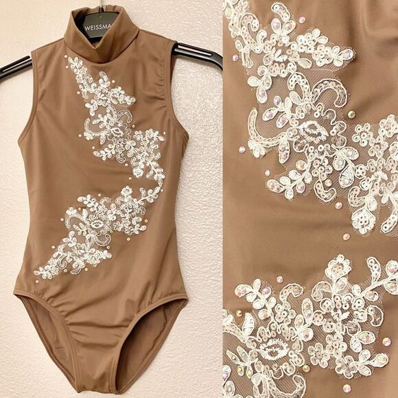 WEISSMAN custom solo Dance Costume Tan brown modest leotard IC- child 7/8 - Picture 1 of 11